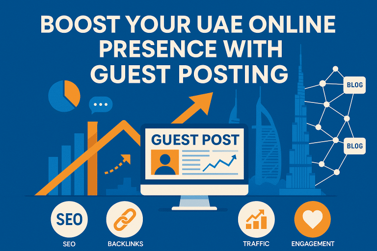Infographic showing the key benefits of guest posting in the UAE, including SEO, traffic, and brand growth.