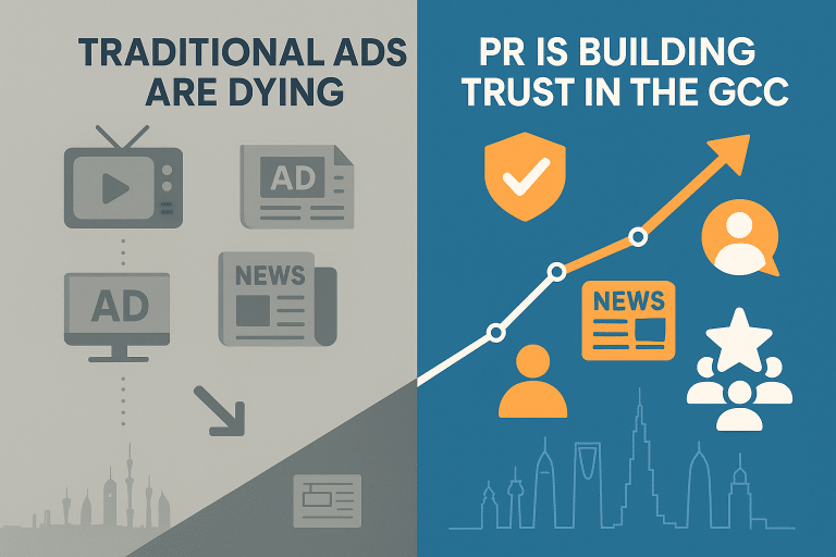 Infographic showing the Fall of Traditional Ads in the GCC and the rise of PR through trust-building, media coverage, and influencer engagement.