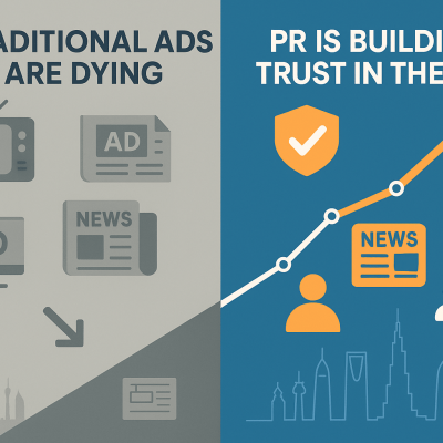 Infographic showing the Fall of Traditional Ads in the GCC and the rise of PR through trust-building, media coverage, and influencer engagement.