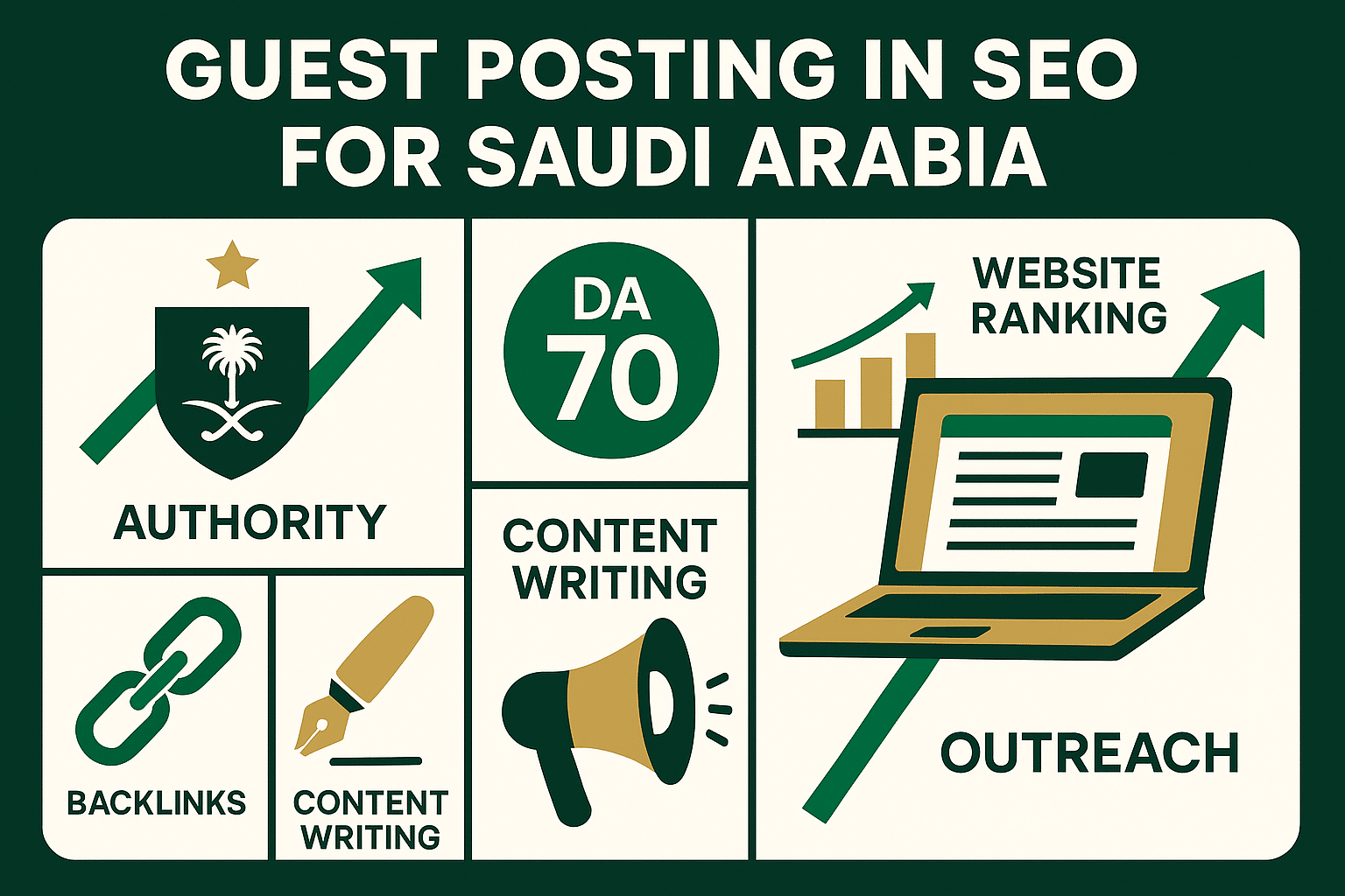 Infographic showing Guest Posting in SEO benefits with backlinks, authority growth, and Saudi digital marketing elements.