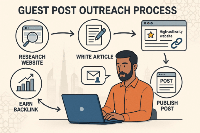 Visual infographic showing how a guest post outreach service helps UAE brands earn high-quality backlinks through manual outreach and publishing on trusted websites.