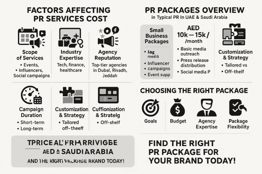 Infographic showing PR package pricing and factors affecting PR services cost in UAE & Saudi Arabia.