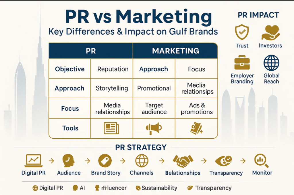 Infographic showing PR vs Marketing, PR impact, and strategy for Gulf brands.