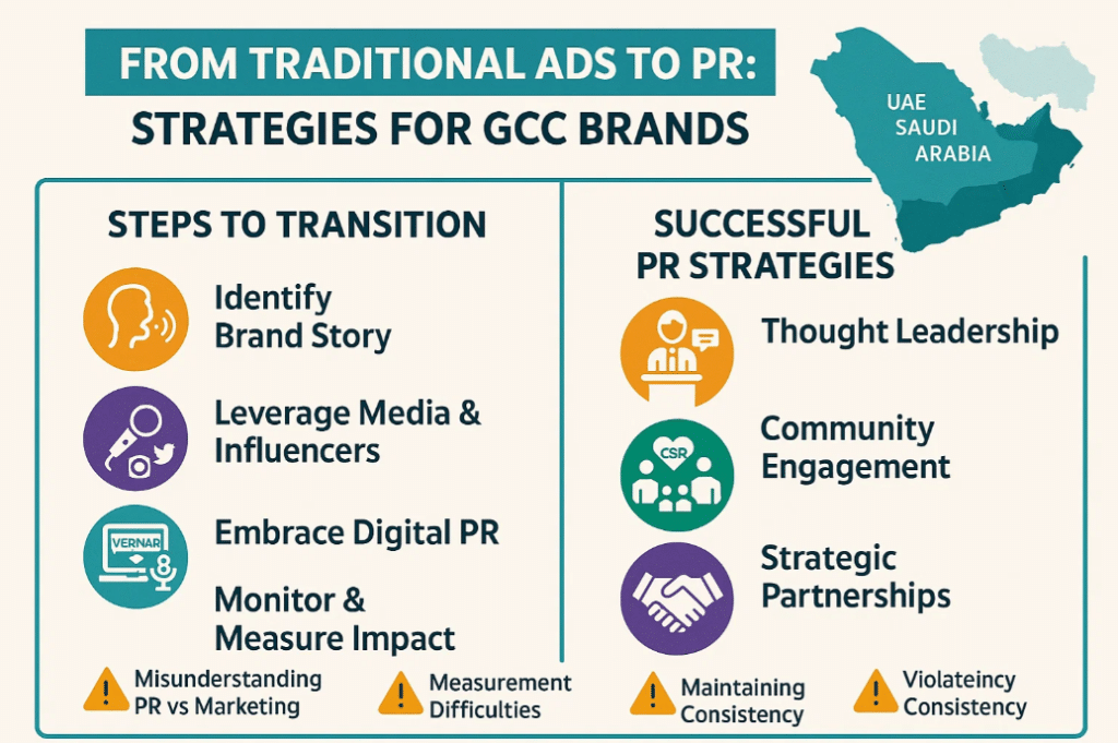 "Infographic showing how GCC brands can shift from traditional ads to PR using storytelling, digital PR, and influencer engagement."