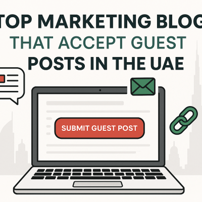 A clean, modern feature image with a laptop displaying a ‘Submit Guest Post’ button, surrounded by blogging and backlink icons. The background includes a subtle Dubai skyline silhouette, using UAE-inspired colors to highlight the topic of top marketing blogs