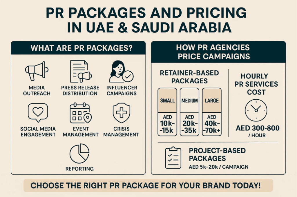 Infographic showing PR packages and pricing in UAE & Saudi Arabia, including retainers, hourly rates, and project-based costs.