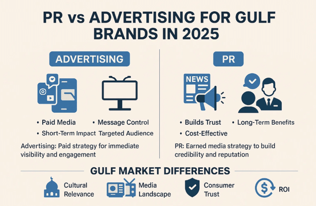 Infographic comparing PR and Advertising for Gulf brands, highlighting credibility, visibility, ROI, and cultural relevance.