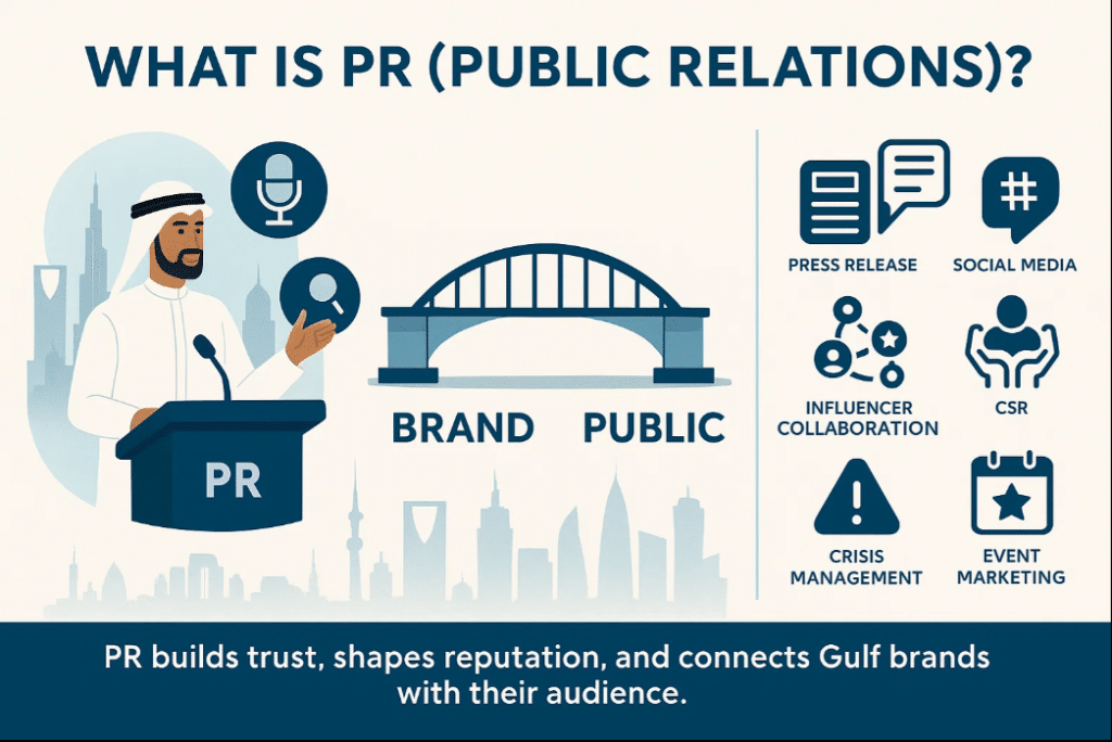 Infographic explaining PR for Gulf brands, its impact, and key activities like media, social media, events, CSR, and influencer collaboration.